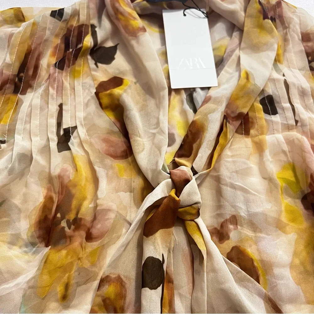 ZARA Scarf Detail Floral Print Oversized Shirt | Ecru/Yellow - Picture 10 of 14